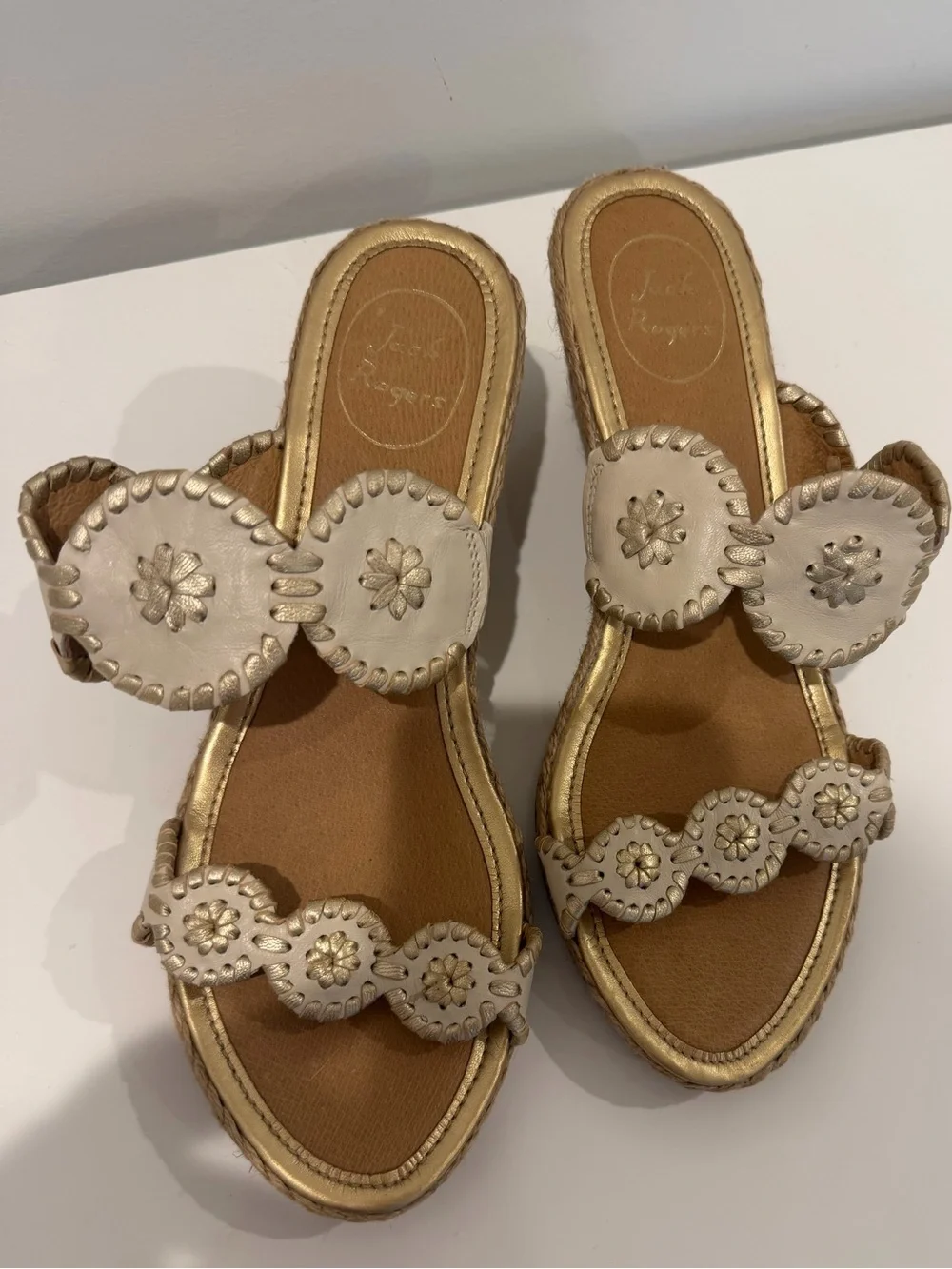 Jack Rogers Beige Wedge Sandals with Decorative Medallions - Women's Slip-On